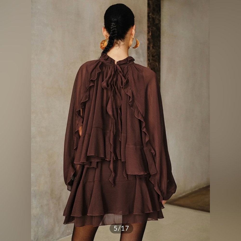 ❤️ Two Piece Elegant Brown Tiered Ruffled Chiffon Mini Dress Set with Liner - Picture 6 of 12